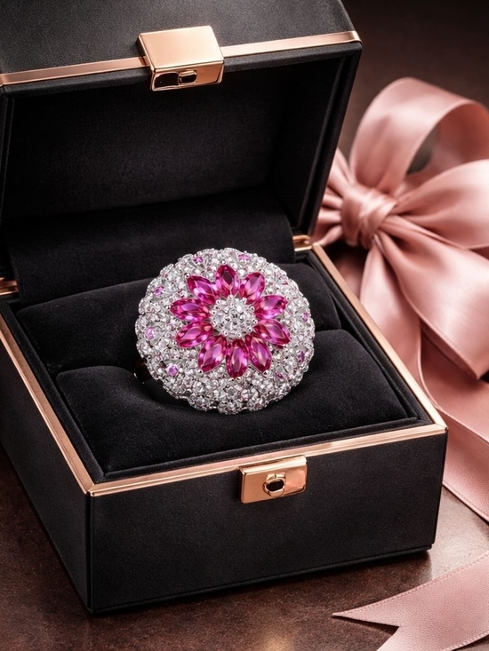Spectrum Designz Jewelry - Luxury high end Floral Pink Cluster Halo Ring with Sparkling White Accents